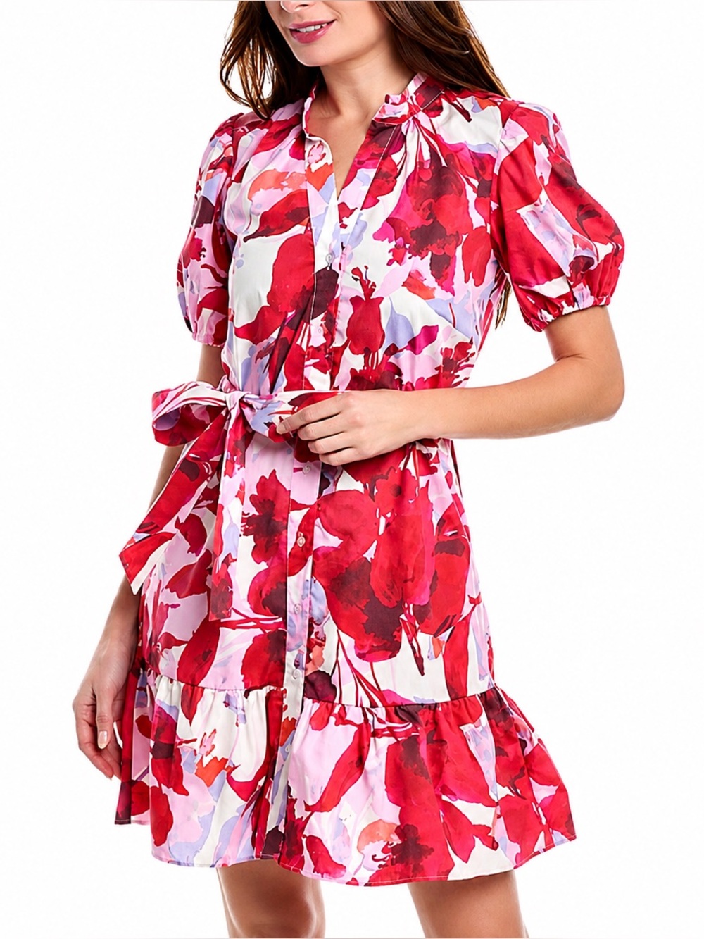 Julian Jordan Floral Puff Sleeve Tie Waist Shirtdress
